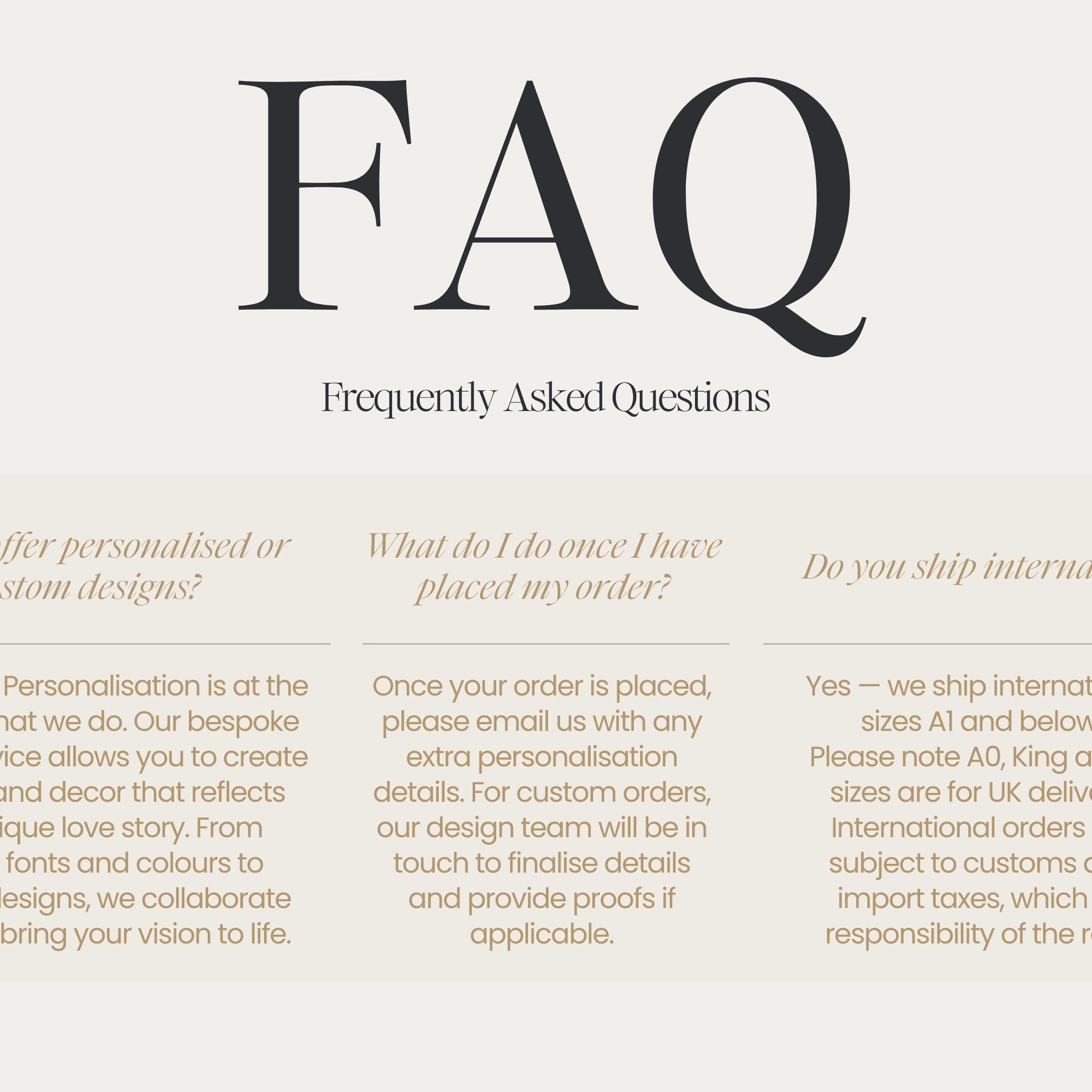 a series of questions and answers related to personalised or custom designs, shipping internationally, and the collaboration between the design team and the recipient. The questions are designed to elicit specific information about the order and the recipient's preferences.