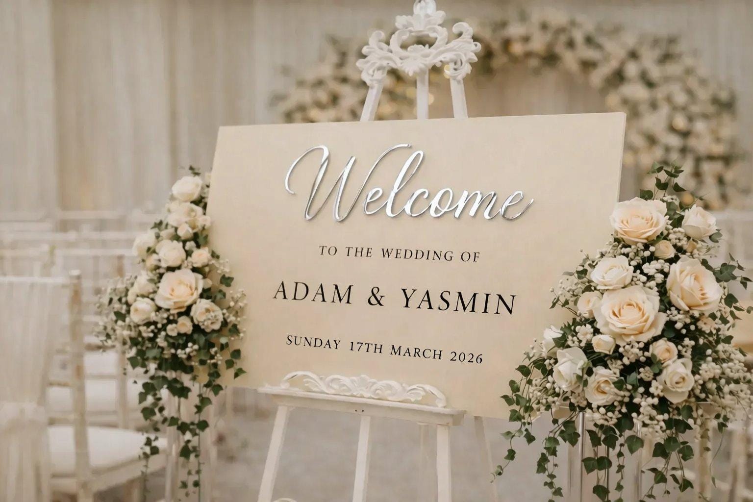 A wedding welcome sign with the names Adam and Yasmin, and the date of their wedding, is displayed in a decorated setting with white chairs and floral arrangements.