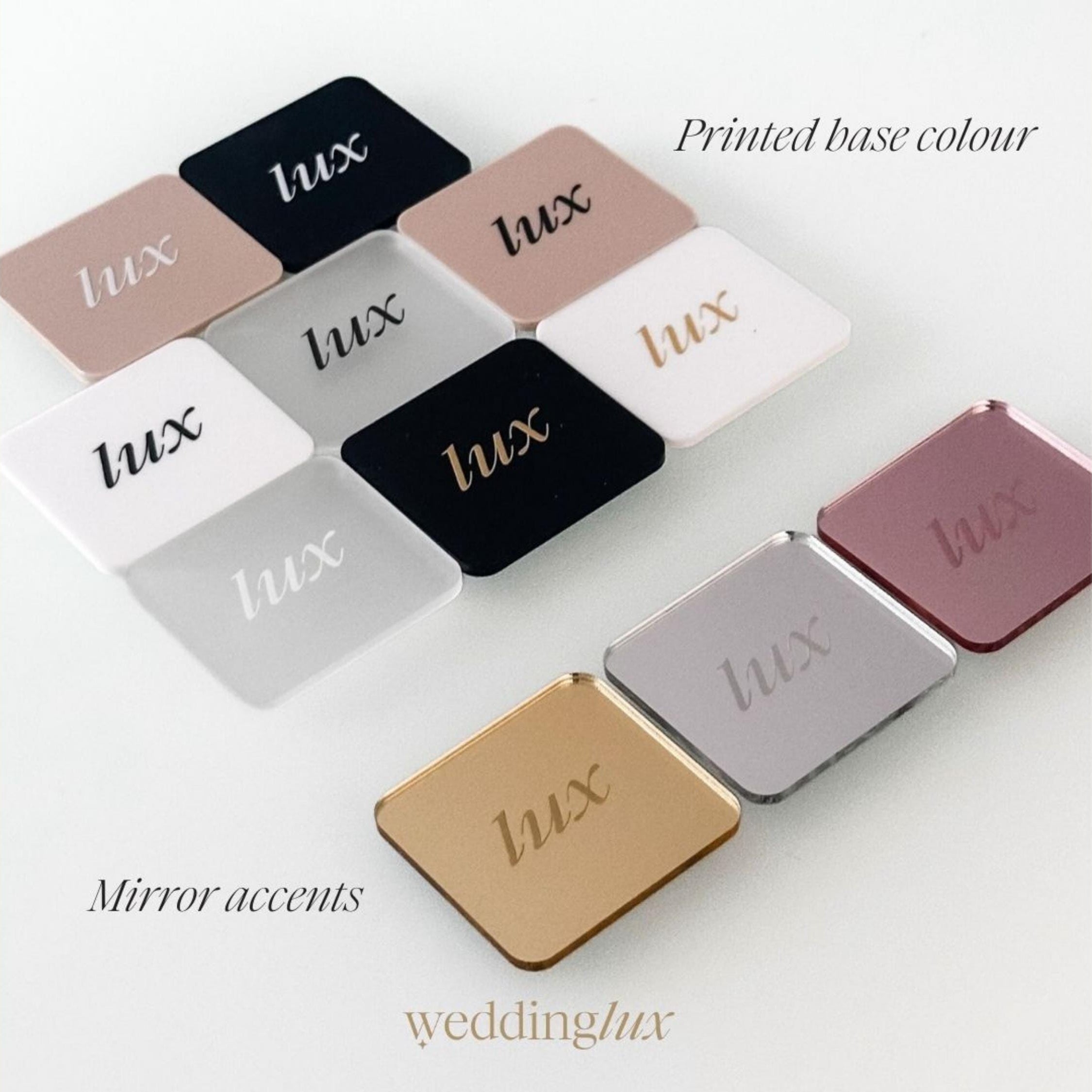 various colored square mirrors with the word "Lux" printed on them, along with text indicating the base color and the type of the mirrors as wedding accessories.