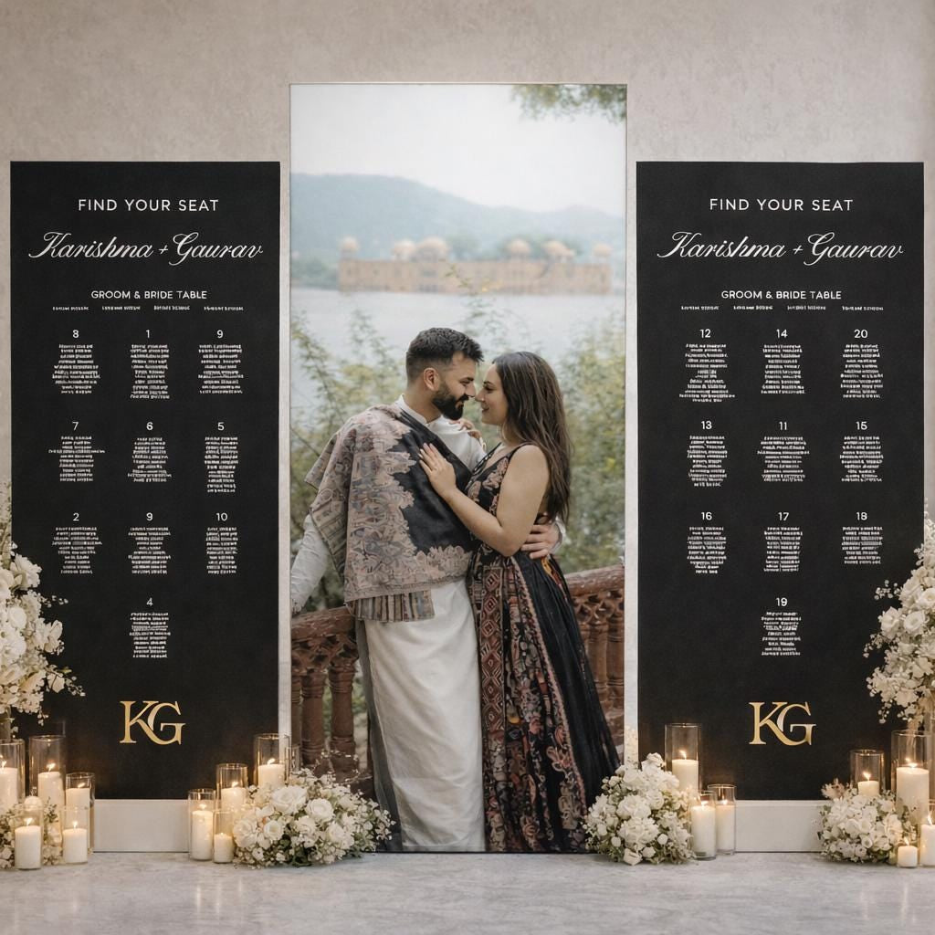 A couple embracing in front of a seating arrangement for a wedding reception, with a scenic backdrop.