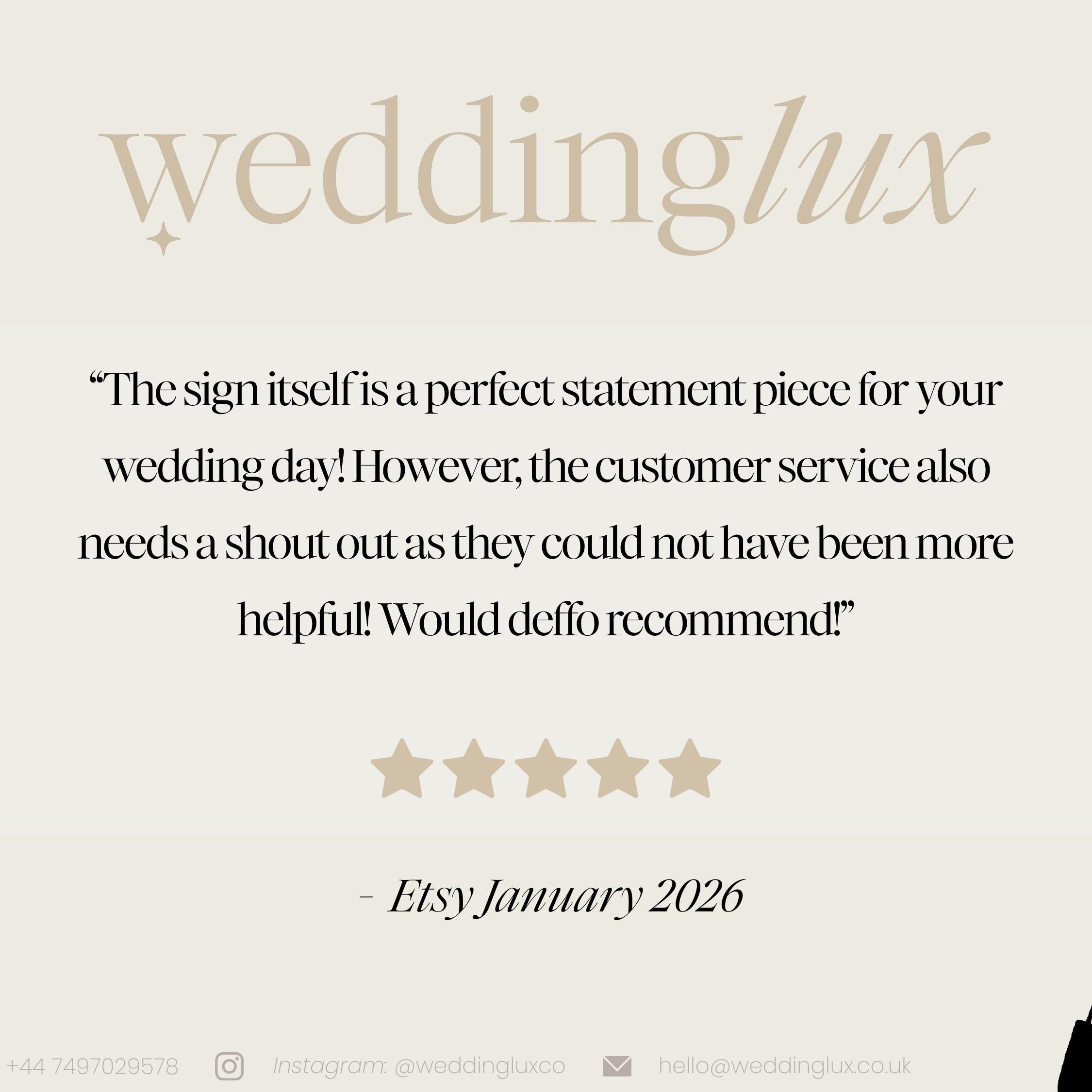 a text and a rating system, with a review from an Etsy customer expressing their satisfaction with the wedding service.