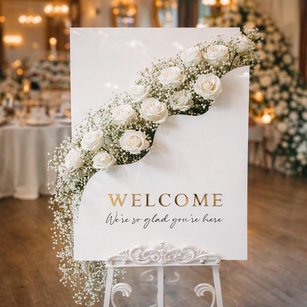 A white sign with a floral arrangement of white roses and baby's breath, accompanied by the text "Welcome We're so glad you're here"