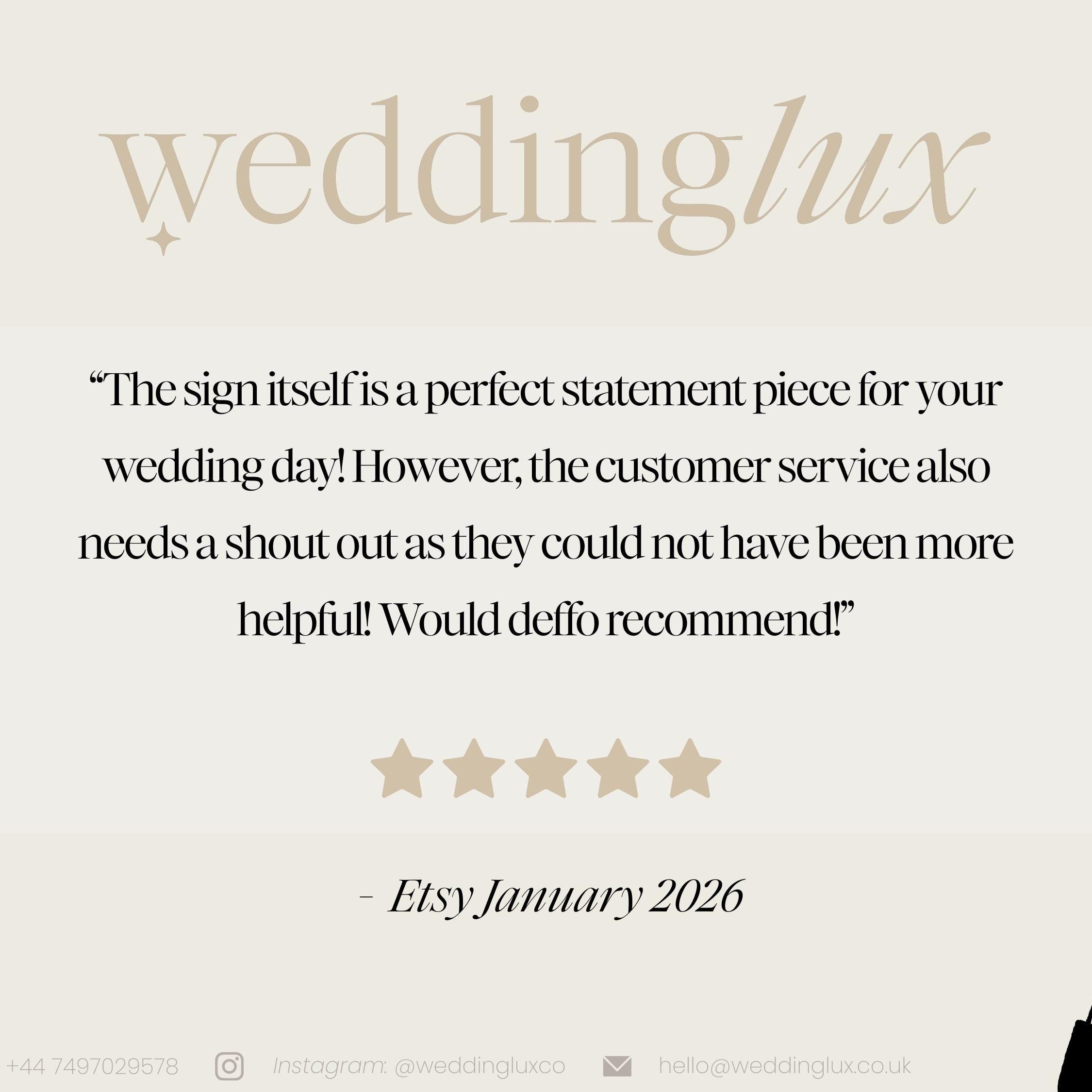 a text and a rating system, with a review from an Etsy customer expressing their satisfaction with the wedding service.