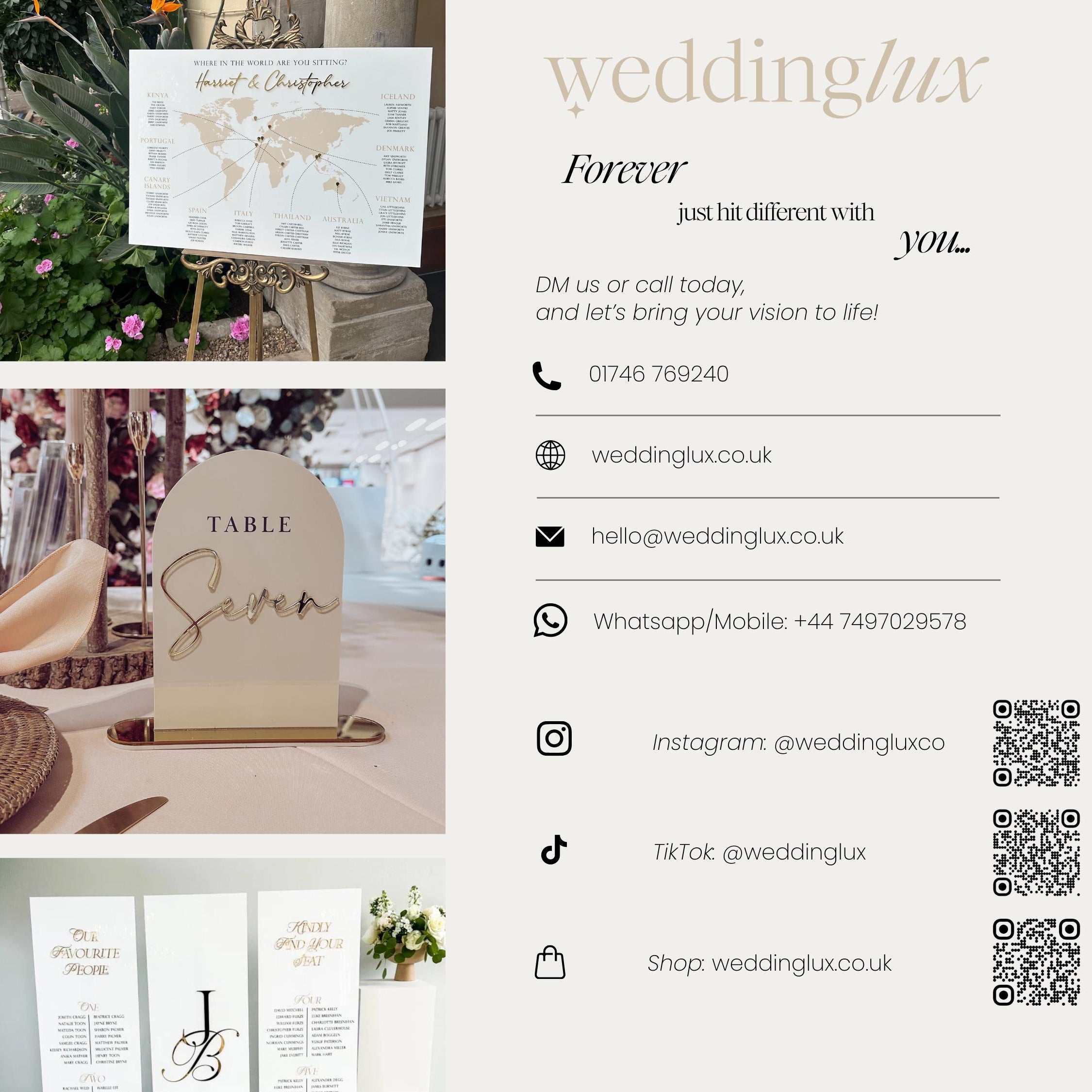 The image is a collage of wedding-related images, including a seating chart, a table setting, and various social media icons.