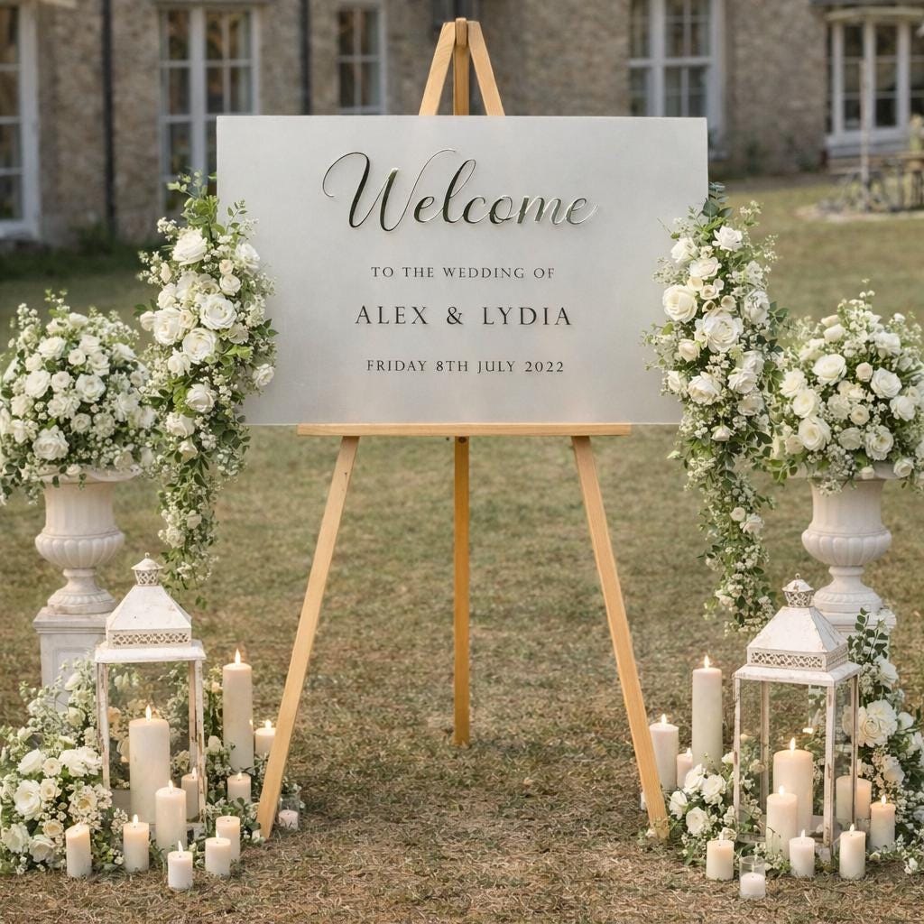 a beautifully decorated wedding entrance with a large sign welcoming guests to the wedding of Alex and Lydia. The sign is surrounded by white flowers and candles, creating a romantic and elegant atmosphere.
