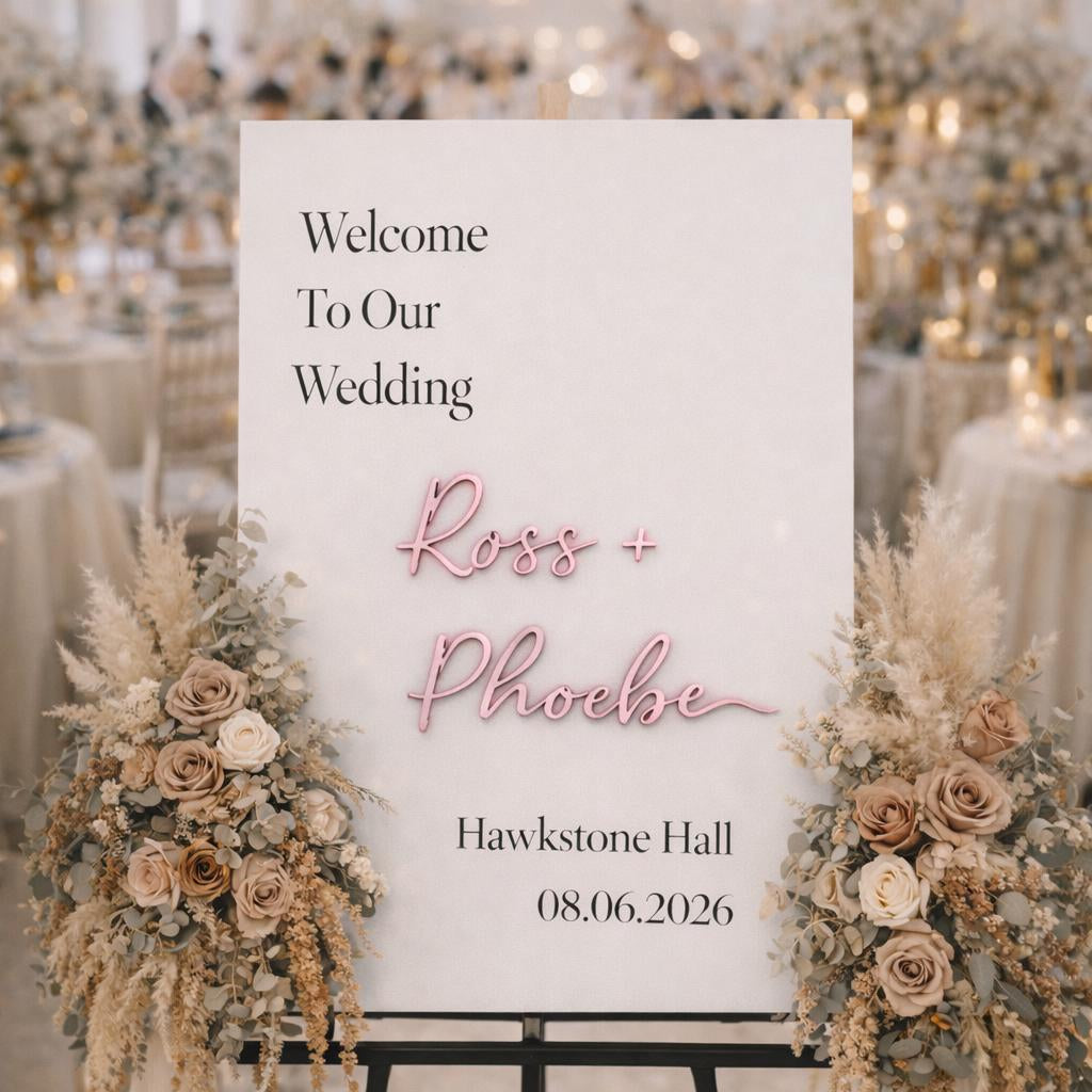 a wedding reception sign with the names 'Ross & Phoebe' and the date '08.06.2026' displayed on it. The sign is surrounded by floral arrangements, and the background shows a large floral display and chandeliers, suggesting a formal and elegant setting.