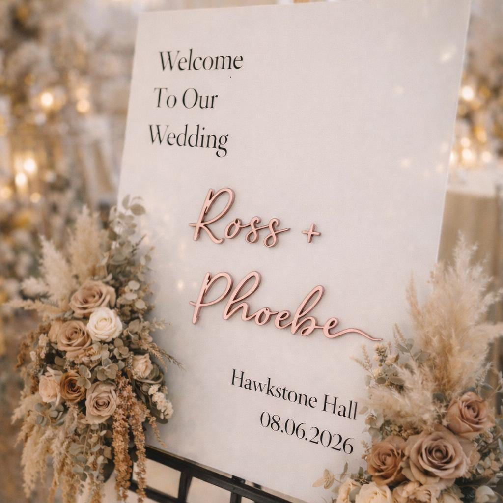 a wedding welcome sign with the names "Ross & Phoebe" and the date "08.06.2026" displayed on it. The sign is surrounded by floral arrangements, creating a warm and inviting atmosphere for the wedding ceremony.