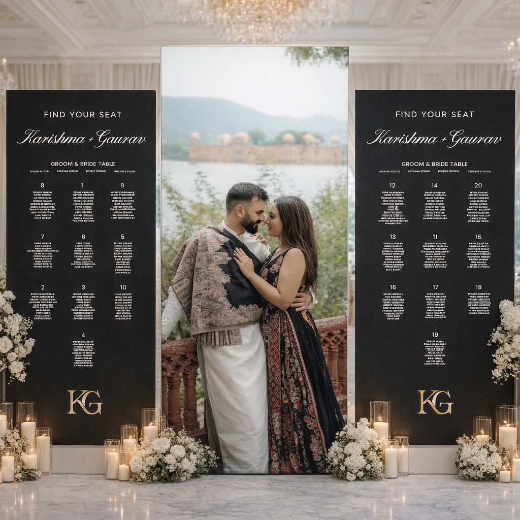 A couple embracing in a beautifully decorated wedding setting, with a seating chart displayed on the left side and a table setup on the right side.