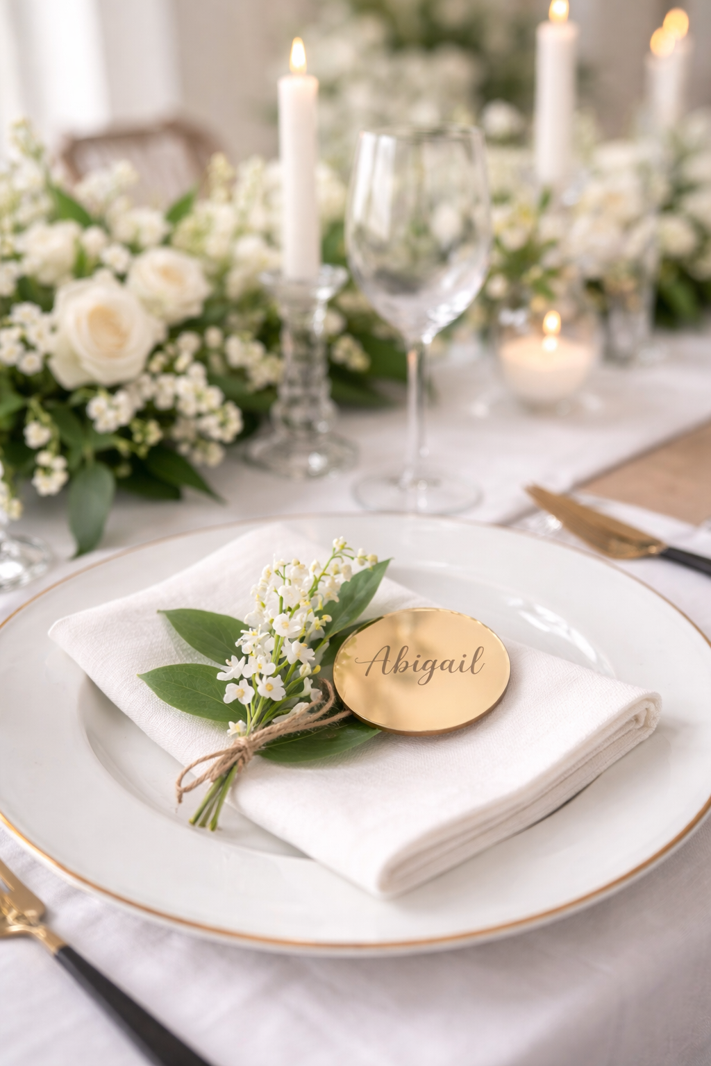 a beautifully set table with a white tablecloth, a white plate, and a gold nameplate with the name "Abigail". The table is adorned with white flowers and candles, creating a romantic and elegant atmosphere.