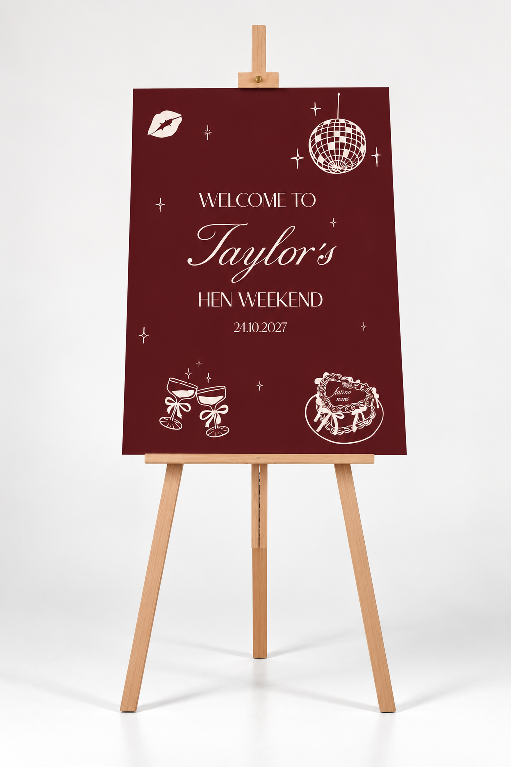 a red sign with white text and illustrations, including a disco ball, champagne glasses, and a cake, suggesting a festive or celebratory theme.