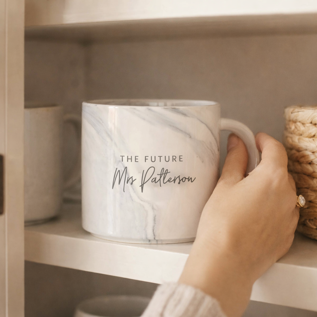 A hand is holding a white mug with the text "THE FUTURE Mrs Patterson" printed on it.