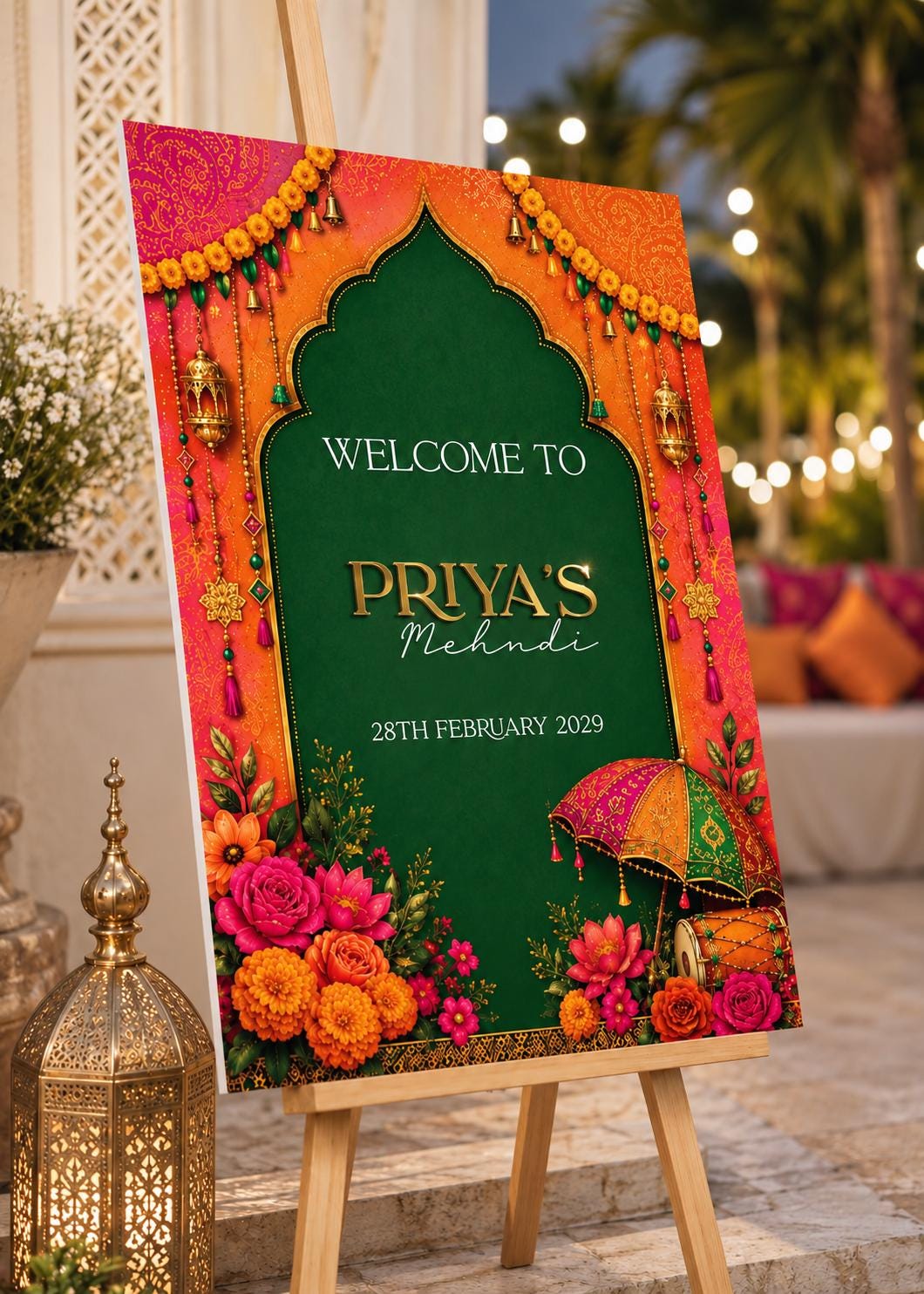 a colorful welcome sign for Priya's Mehndi, with a green background and decorative elements such as flowers and lanterns.