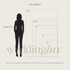 The image is a size options diagram for a wedding, featuring a silhouette of a person standing next to a series of size boxes representing different sizes of a wedding.