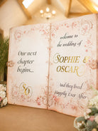 a wedding invitation with a decorative design and text that welcomes guests to the wedding of Sophie and Oscar.