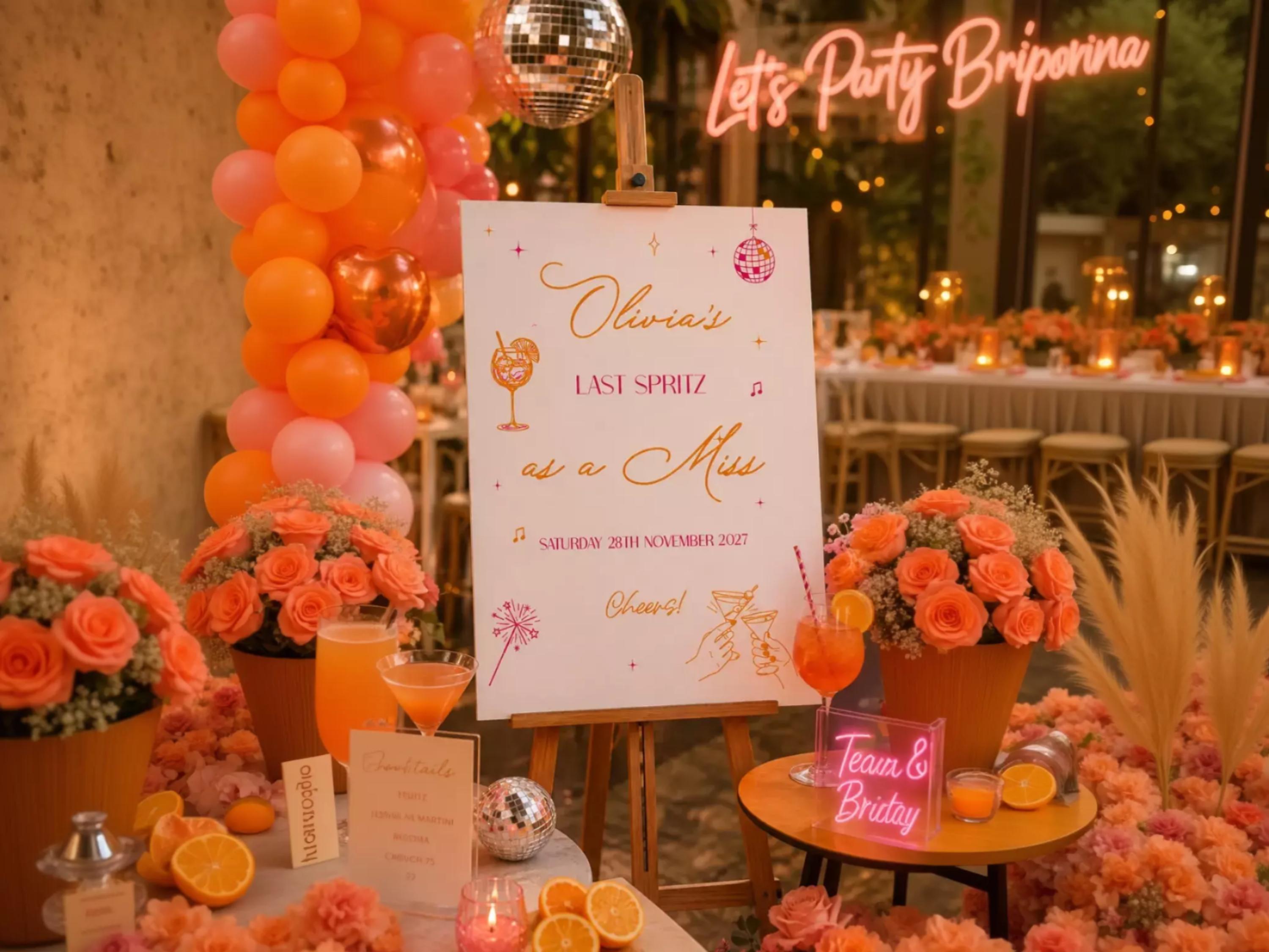 The image is a vibrant and festive party setup, featuring a sign that reads "Olivia's LAST SPRITZ as a MISS" and "Saturday 28th November 2017 Cheers!" The sign is surrounded by various party decorations, including balloons, flowers, and a neon sign that says "Let's Party". The table is adorned with cocktail glasses, oranges, and other party items, creating a lively and celebratory atmosphere.