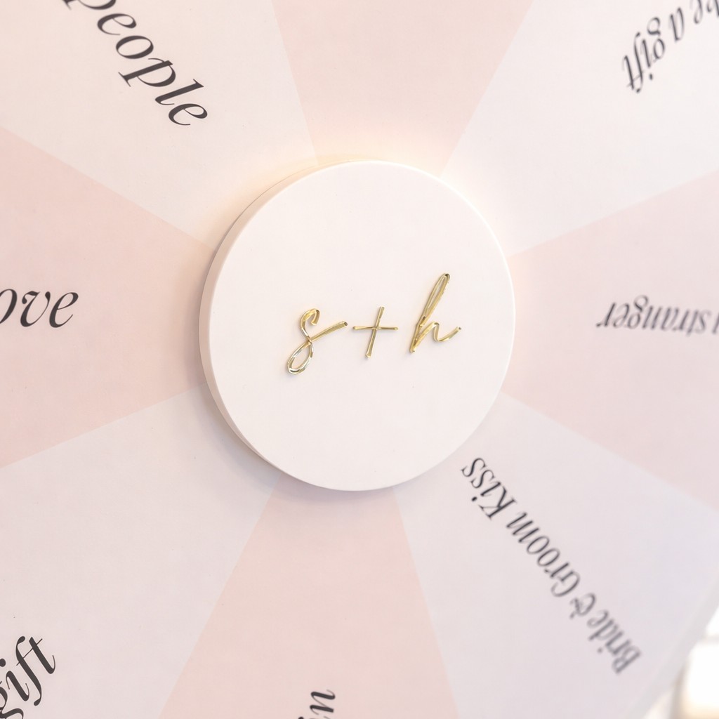 a close-up of a spinning wheel with the word "s+h" on it.