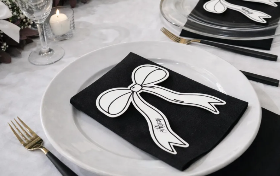 a formal dining table set for a special occasion, with white tablecloths, black napkins, and gold-colored utensils. The table is adorned with white flowers and candles, creating an elegant and sophisticated atmosphere.