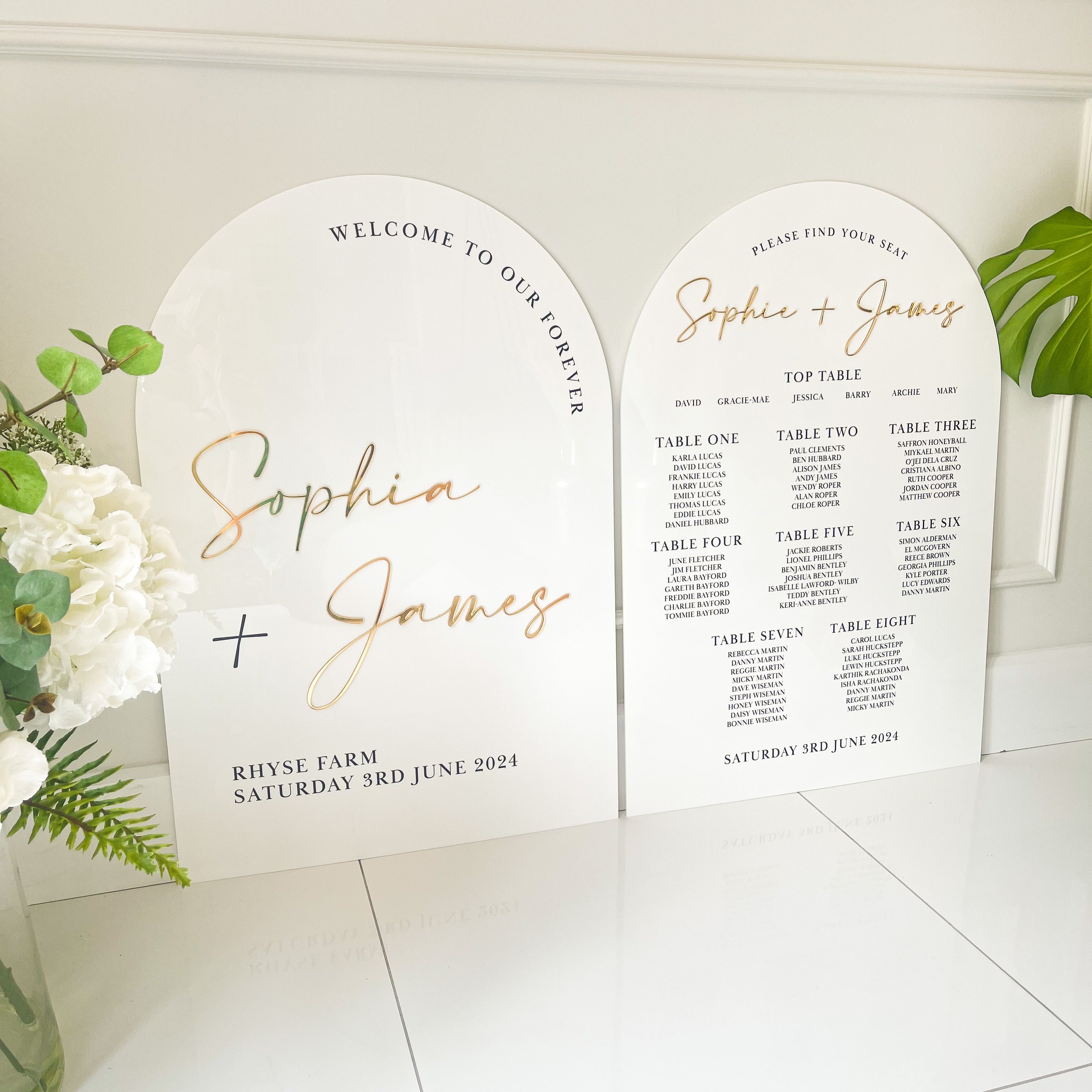 White & Gold Wedding Table Plan With Mirror Accents