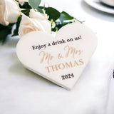 White & Gold Heart Wedding Favours - Personalised Drinks Tokens