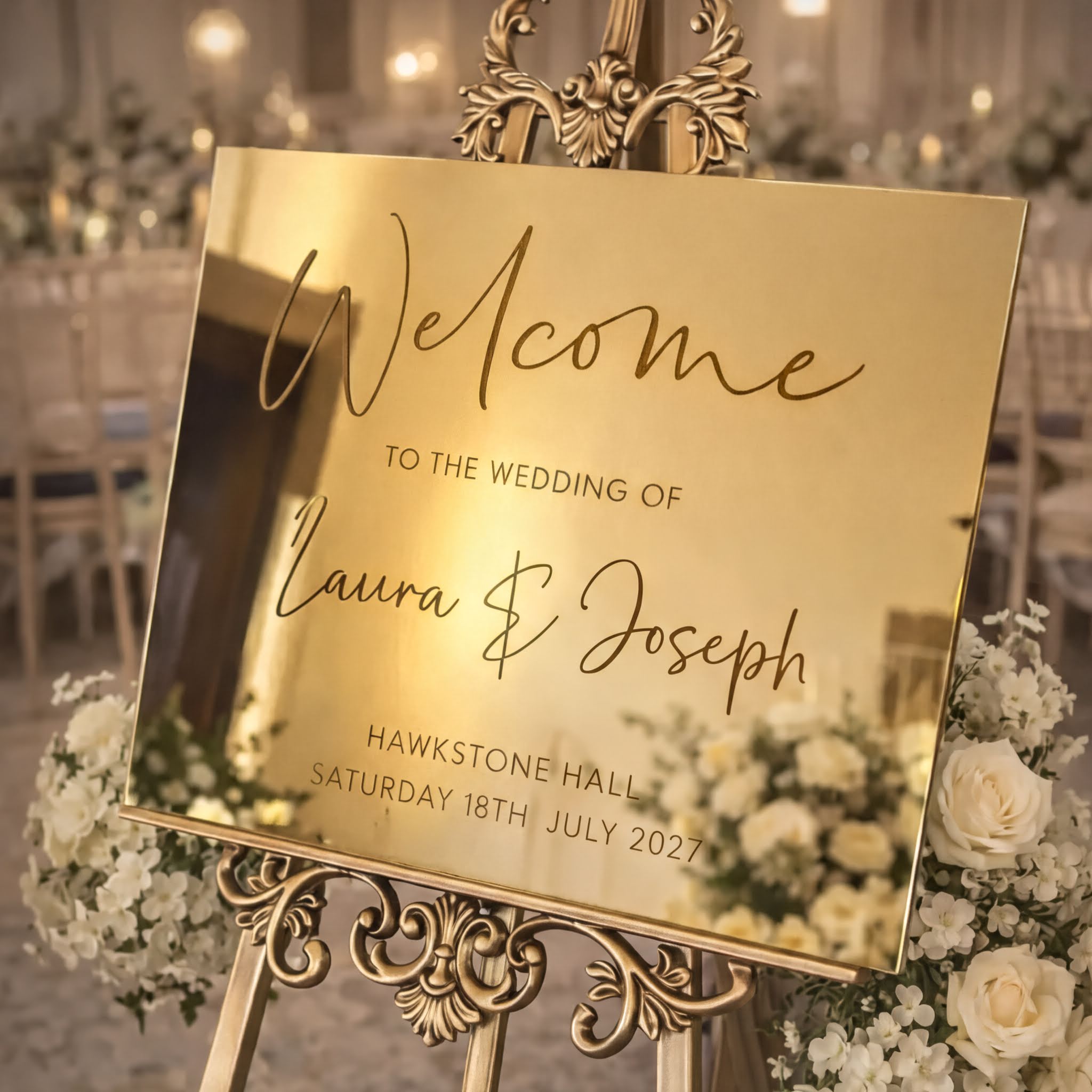 a wedding invitation sign with the text "Welcome to the Wedding of Laura & Joseph" and "HAWKSTONE HALL SATURDAY 18TH JULY 2025".