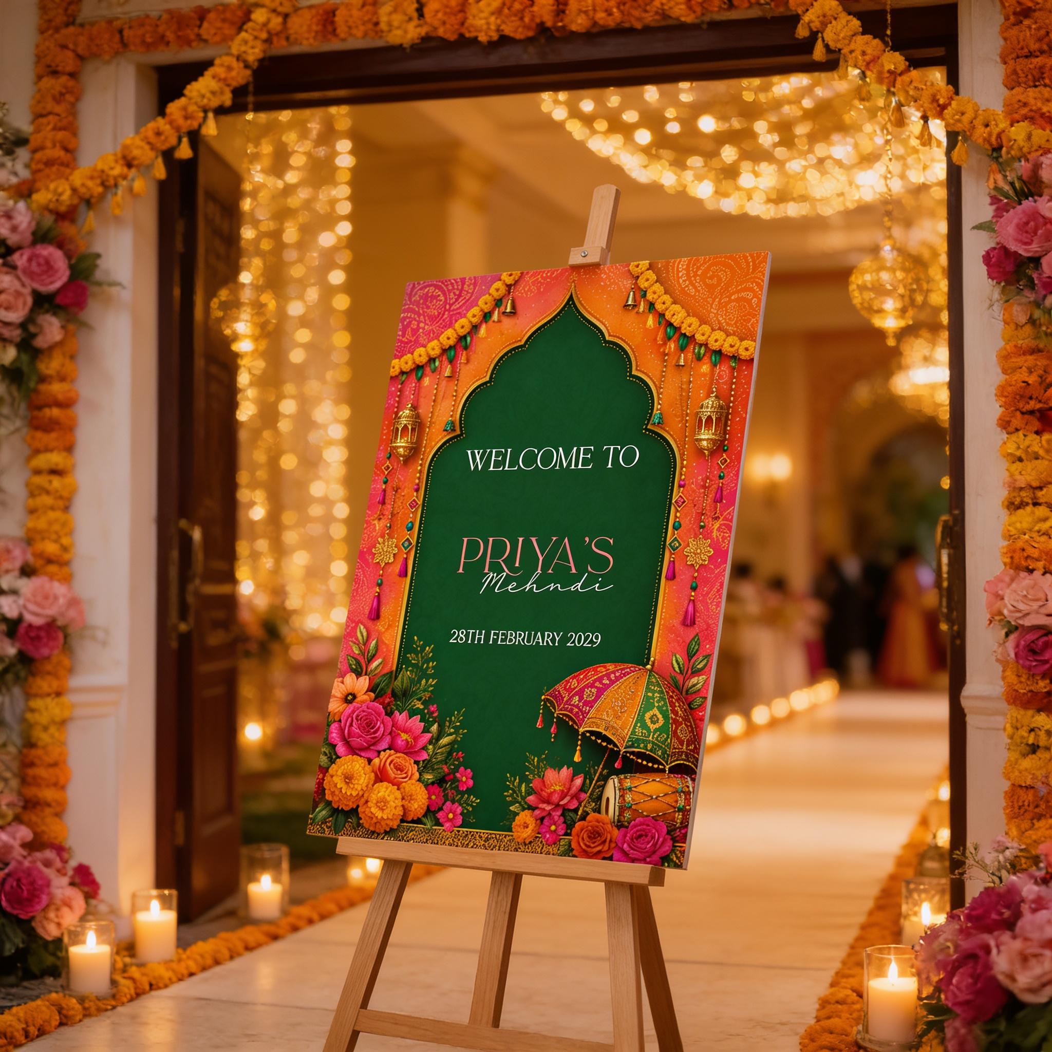 a colorful welcome sign for Priya's Mehendi, which is a traditional Indian wedding ceremony. The sign is displayed in front of a decorated doorway, with a chandelier and flowers visible in the background.