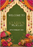 The image is a colorful and ornate invitation for a wedding, featuring a green archway with decorative elements such as flowers, lanterns, and a drum. The text on the invitation welcomes guests to "KARA'S MEHINDI" and indicates that the event will take place on February 28, 2019.