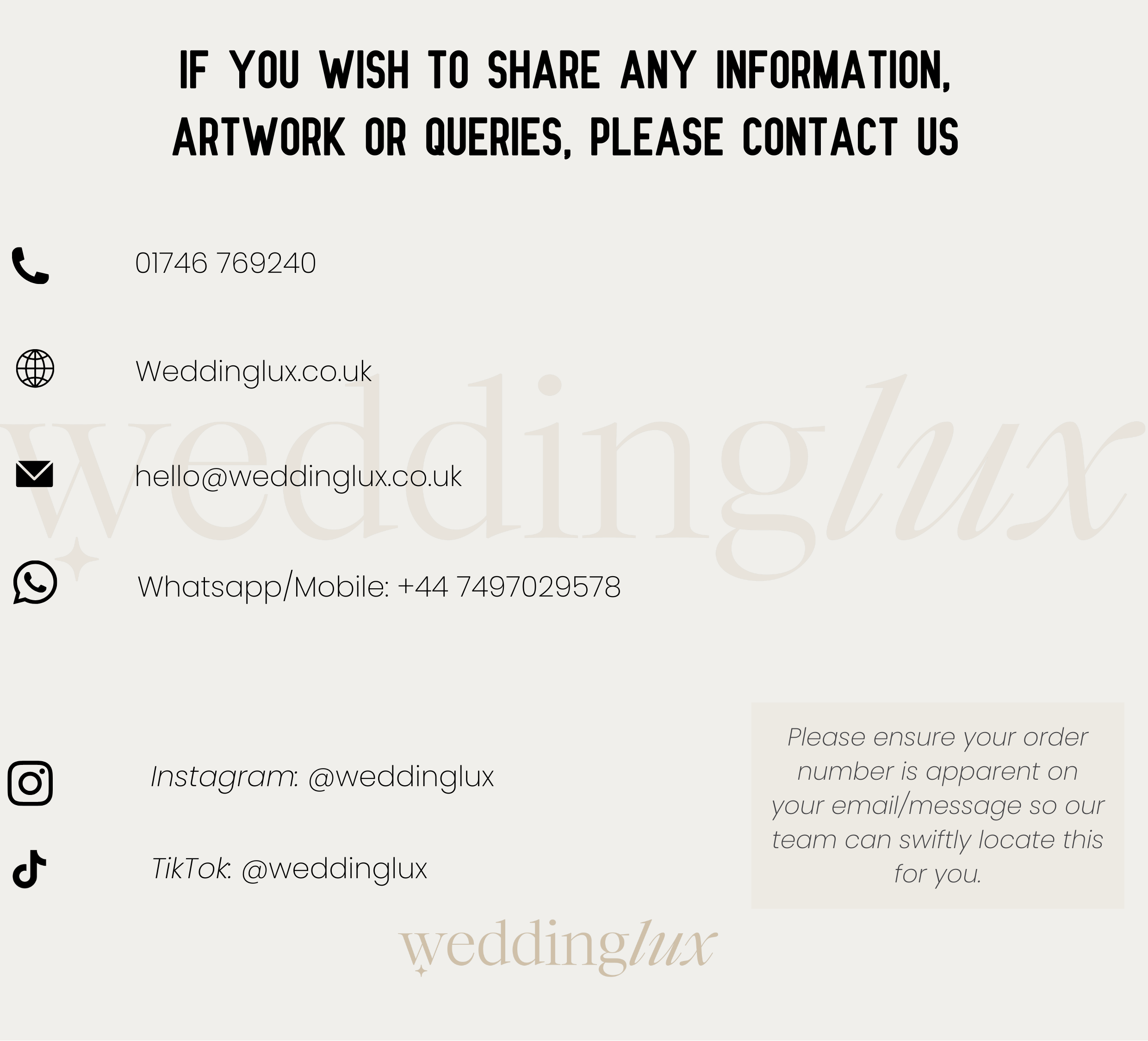 a collection of contact information for a company called Wedding Luxx, including a phone number, email address, and social media handles. The company is located in the UK and provides various services such as artwork, inquiries, and ordering.