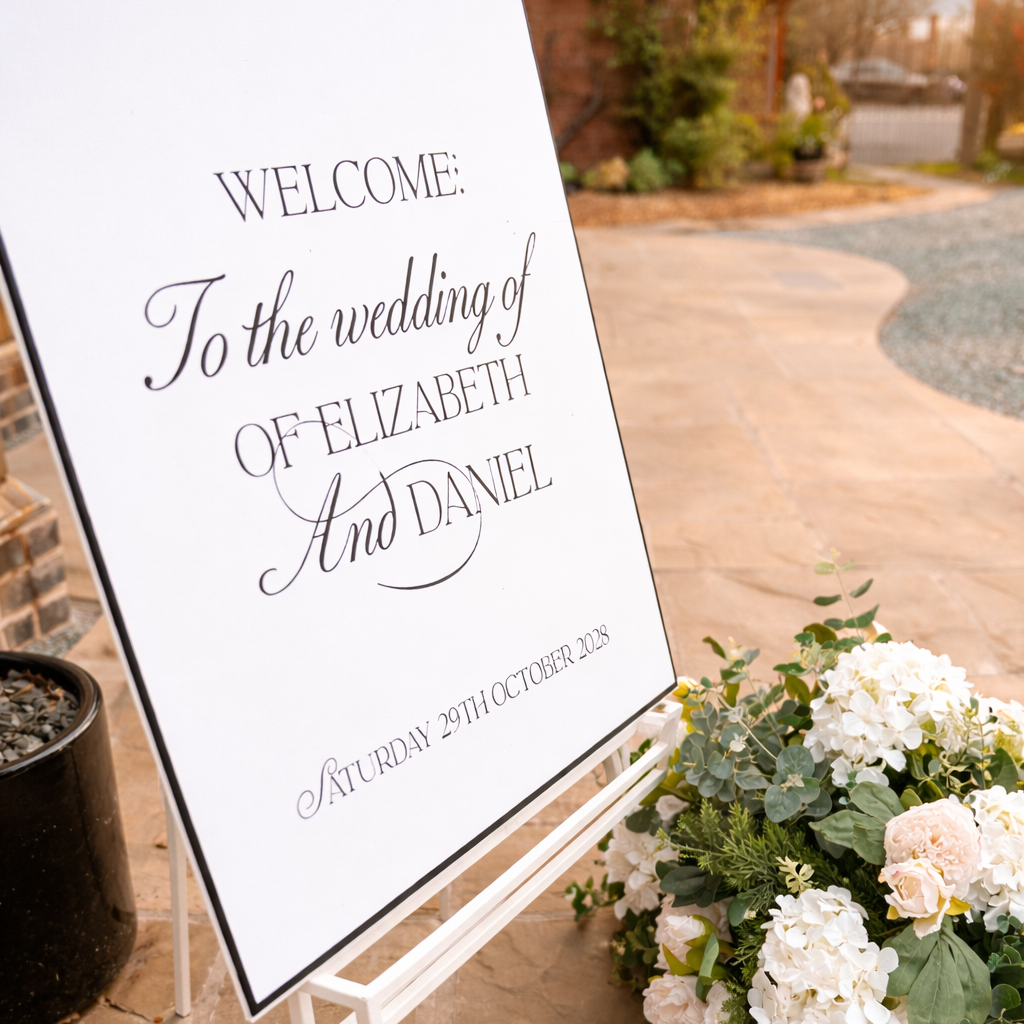 A white sign welcoming guests to the wedding of Elizabeth and Daniel, with a bouquet of white flowers placed next to it.