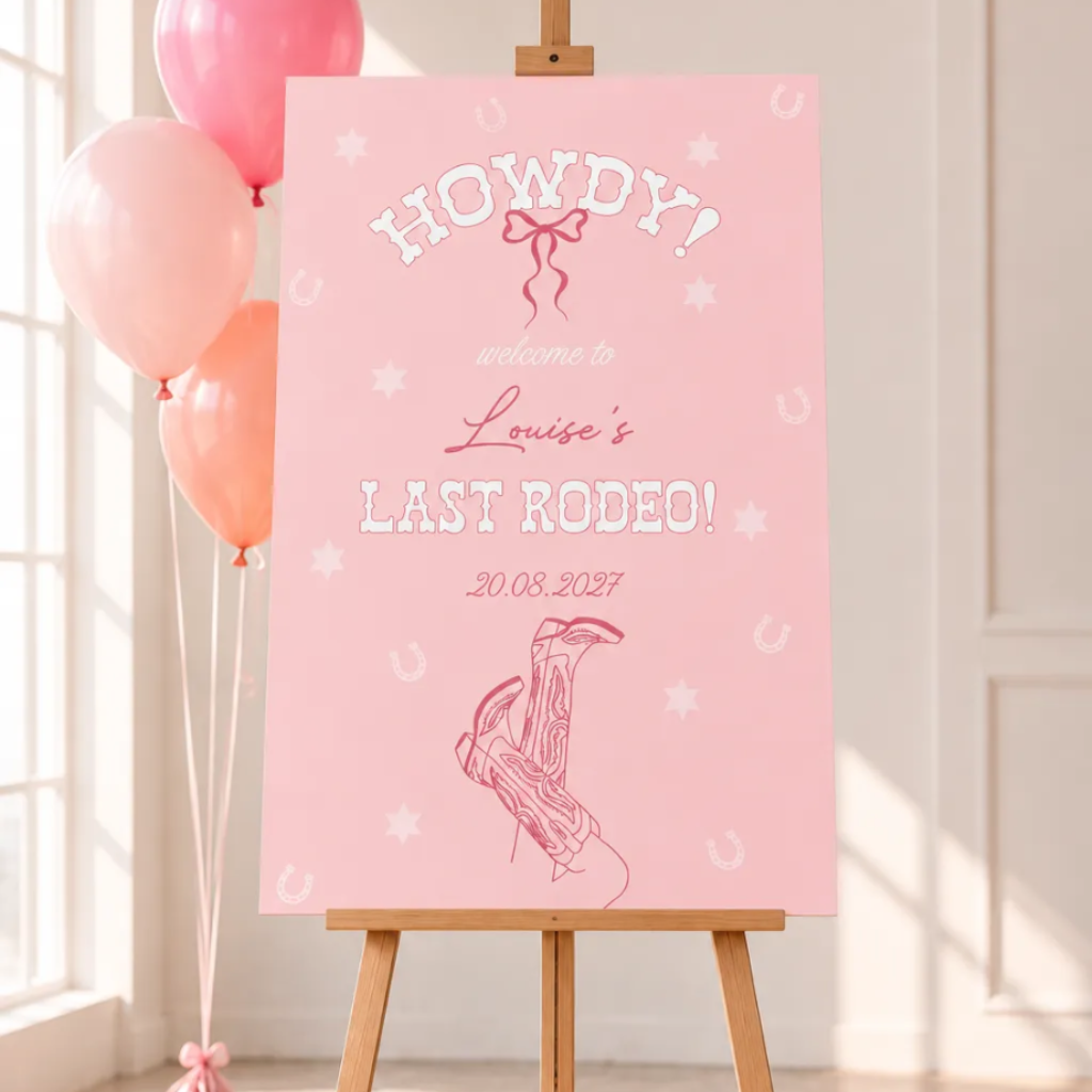 A pink sign with the text "Howdy! Welcome to Louise's Last Rodeo! 20.08.2027" is displayed on an easel, with pink and orange balloons in the background.