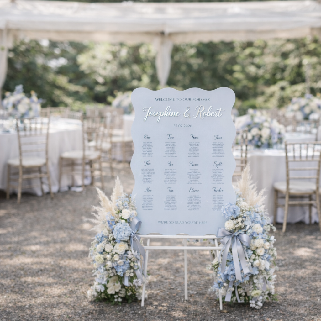 a wedding reception setup with a large sign welcoming guests to the event. The sign is surrounded by floral arrangements, and there are tables and chairs set up in the background.