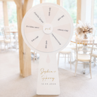 A white spinning wheel with gold text and a gold name tag, standing in a room with a wooden beam and chairs in the background.