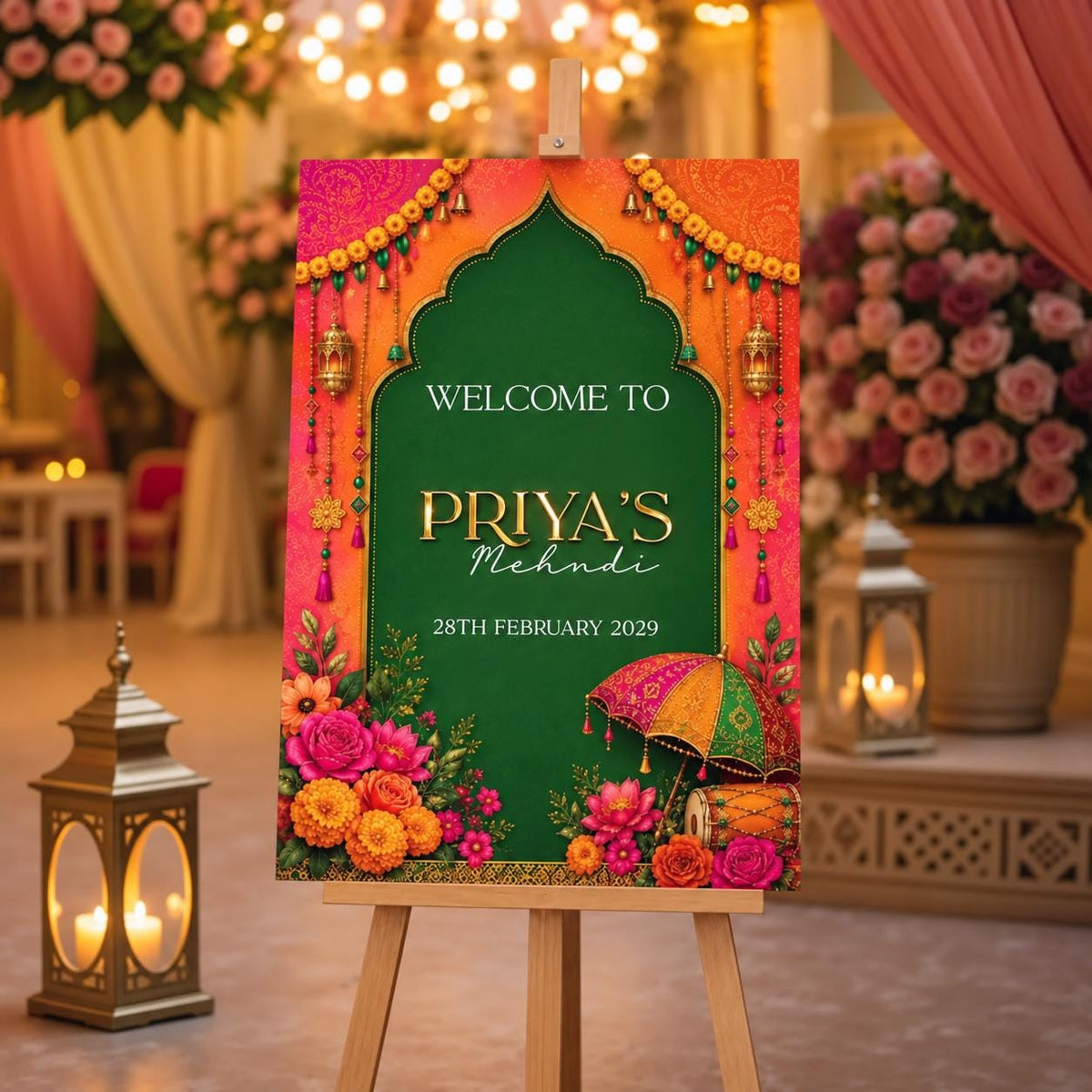 a colorful welcome sign for Priya's Mehndi, with a floral and ornamental design, placed in a room decorated with lights and flowers.