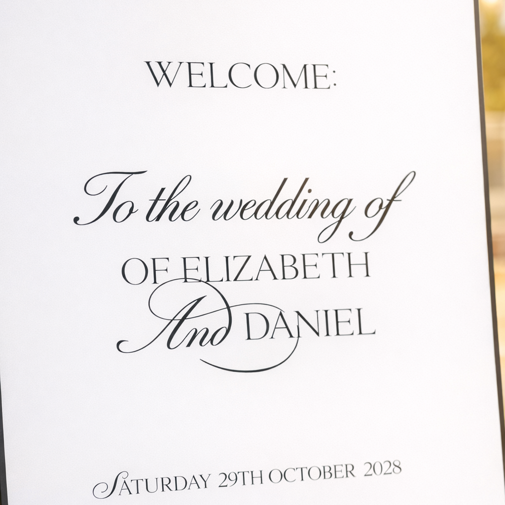 a wedding welcome sign with the text "Welcome: To the wedding of Elizabeth and Daniel Saturday 29th October 2028".
