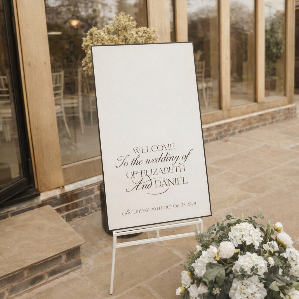 a white sign welcoming guests to the wedding of Elizabeth and Daniel.