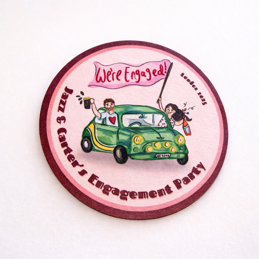A round coaster with a cartoon illustration of a couple in a green car, celebrating an engagement party.