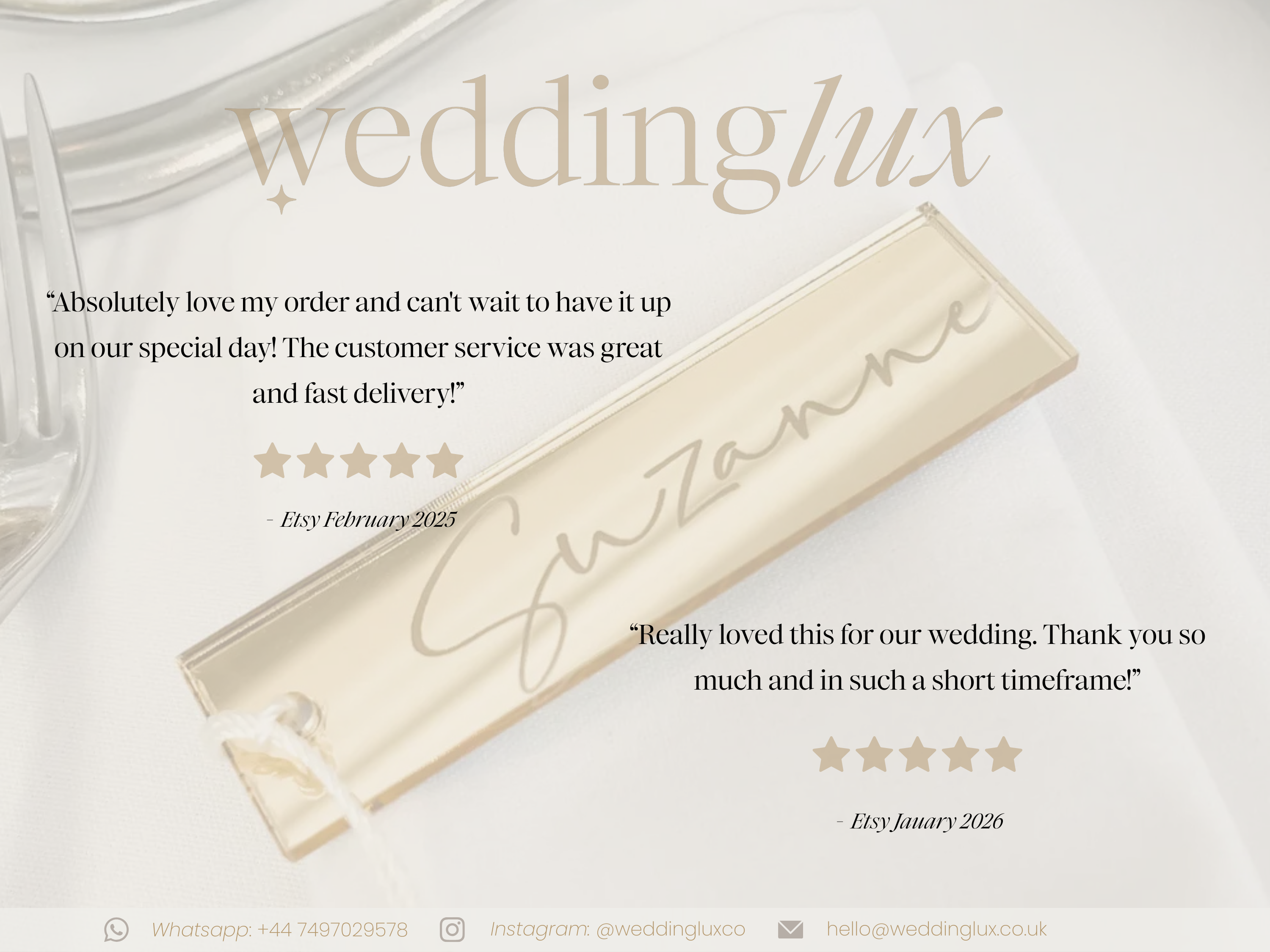 text and a logo, with a focus on a wedding-related item. The text appears to be a review or testimonial from a customer, expressing their satisfaction with the customer service and the product. The logo is a symbol or icon associated with the brand or company. The image does not contain any text that is too long or repetitive, and it does not describe the image in detail.