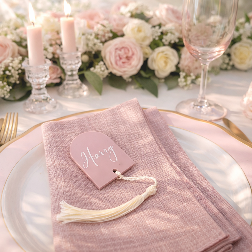 A table setting with a pink napkin, a pink place card with the name "Harry", and a glass of wine. The table is decorated with a floral arrangement and candles.