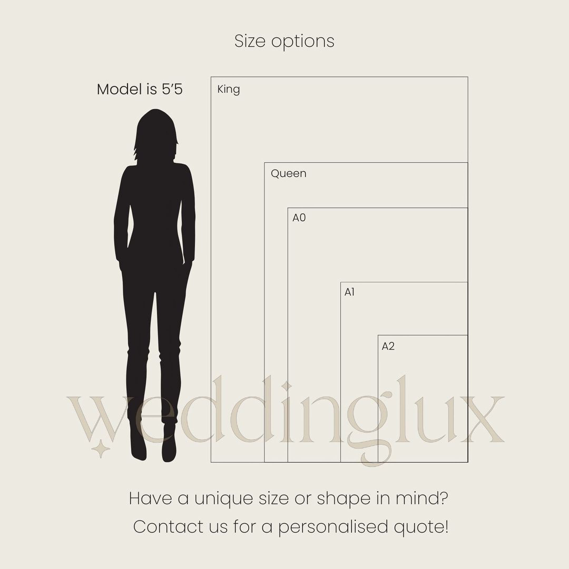 a silhouette of a person standing next to a series of size options, likely for a product or service.