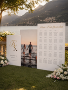 a wedding ceremony setup with a couple standing in front of a large white sign displaying a seating chart. The sign also includes a photograph of the couple.