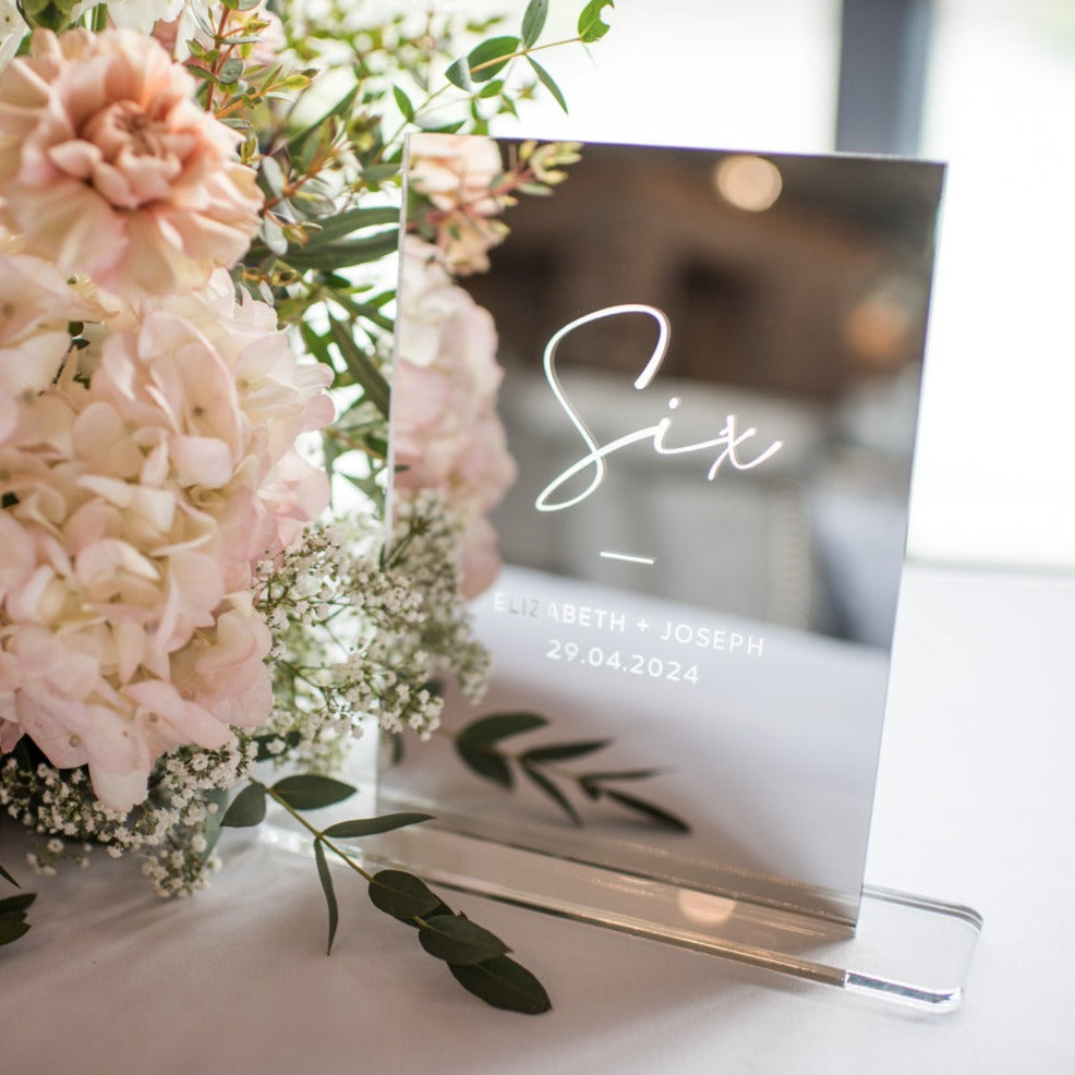 Silver Mirror Engraved Wedding Table Numbers