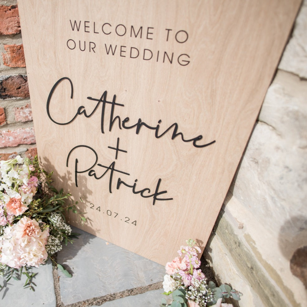 Personalised Wood & Black Script Wedding Welcome Sign 