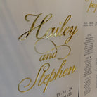 a close-up of a decorative gold text that reads "Haley and Stephen" on a white background.