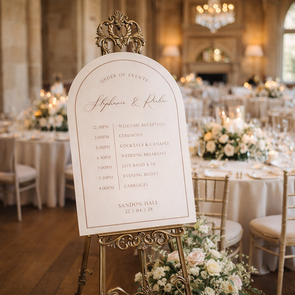 a formal event space with a large white sign displaying the order of events for a wedding reception.