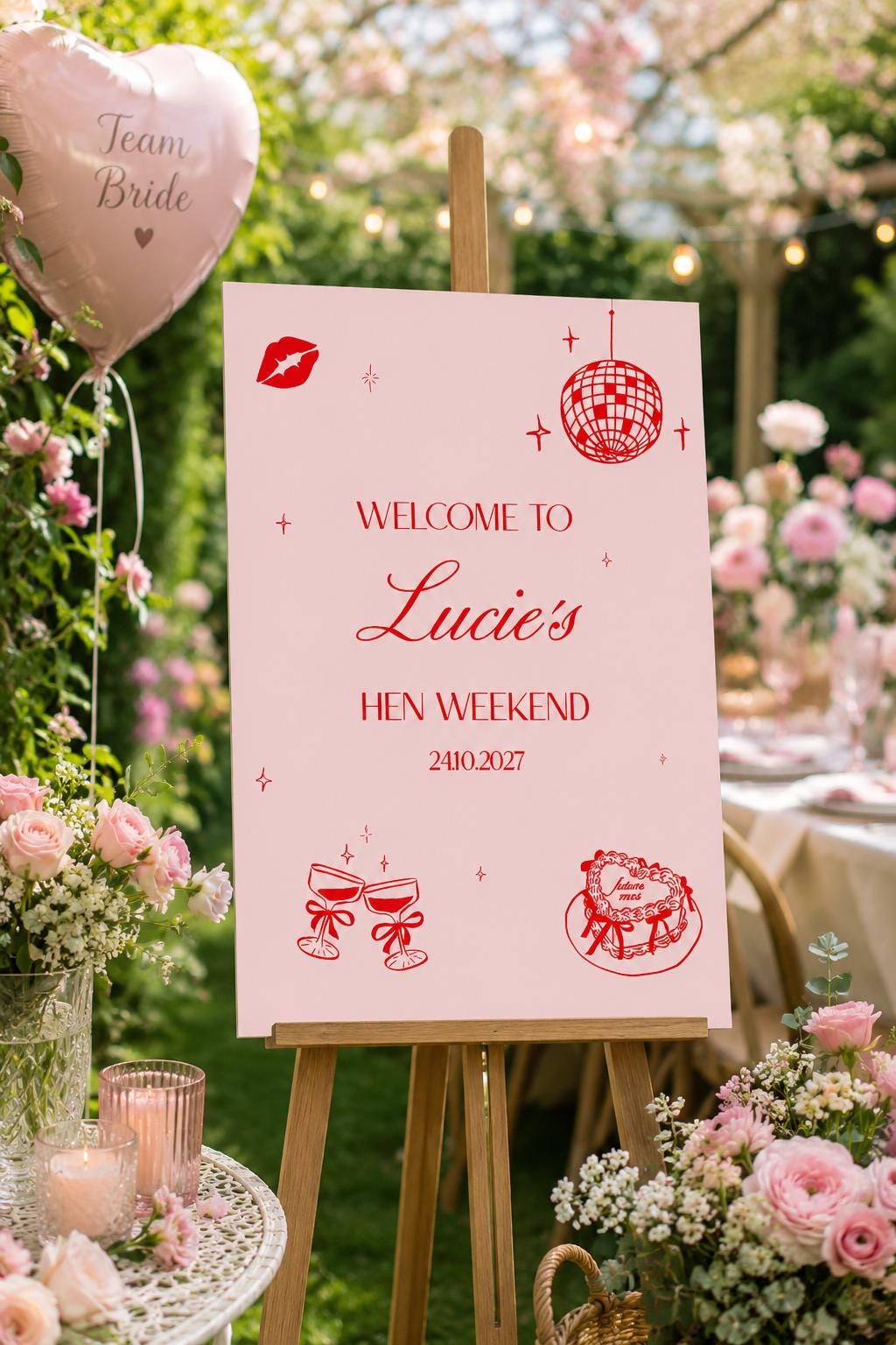 a pink sign welcoming guests to a hen weekend event, with illustrations of wine glasses, a cake, and a disco ball. The sign is set up in a garden with pink flowers and a string of lights in the background.