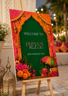 a colorful welcome sign for Priya's Mehndi, with a green background and decorative elements such as flowers and lanterns.