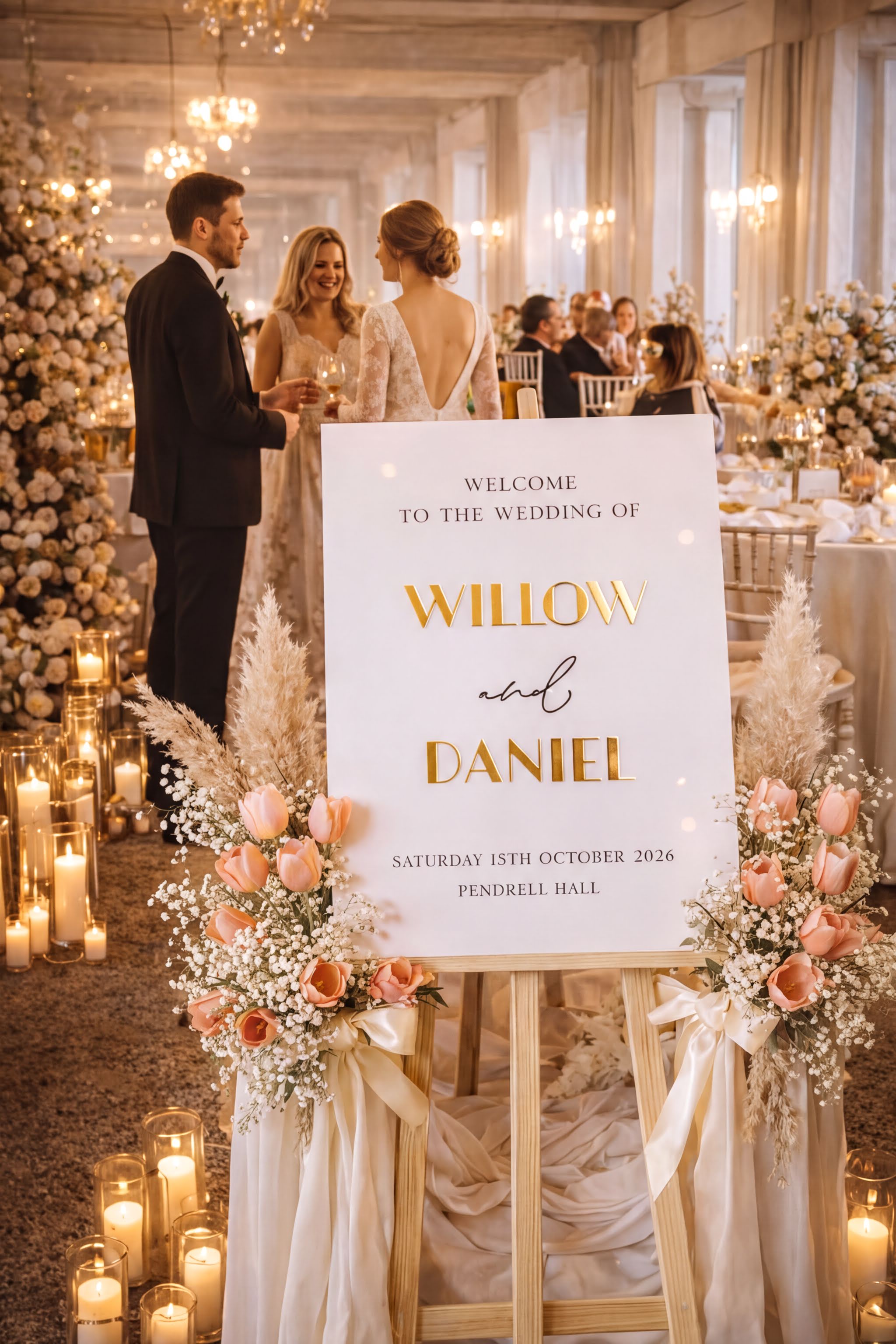 a wedding reception scene with a couple standing in front of a sign welcoming guests to the wedding of Willow and Daniel. The sign is decorated with flowers and candles, creating a warm and inviting atmosphere.