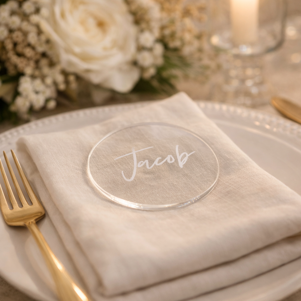 A clear glass plate with a nameplate on it, placed on a white tablecloth.