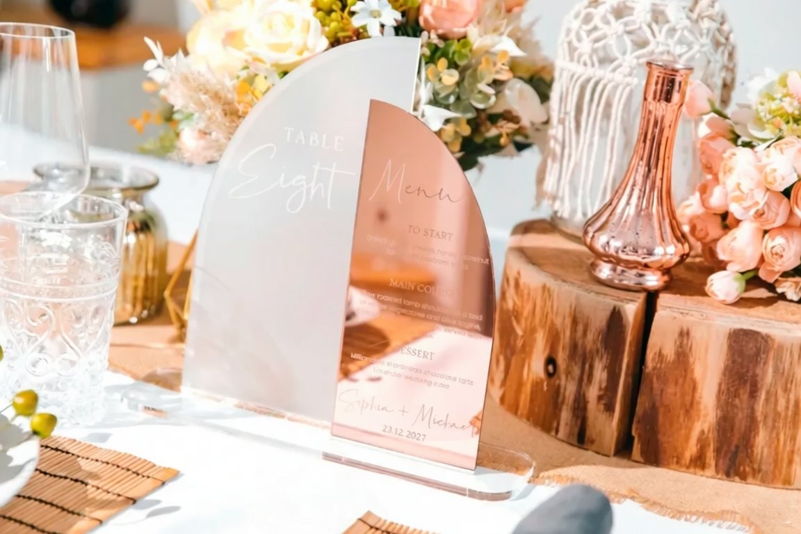a table setting with a white tablecloth, a glass vase with flowers, and a decorative sign with text.