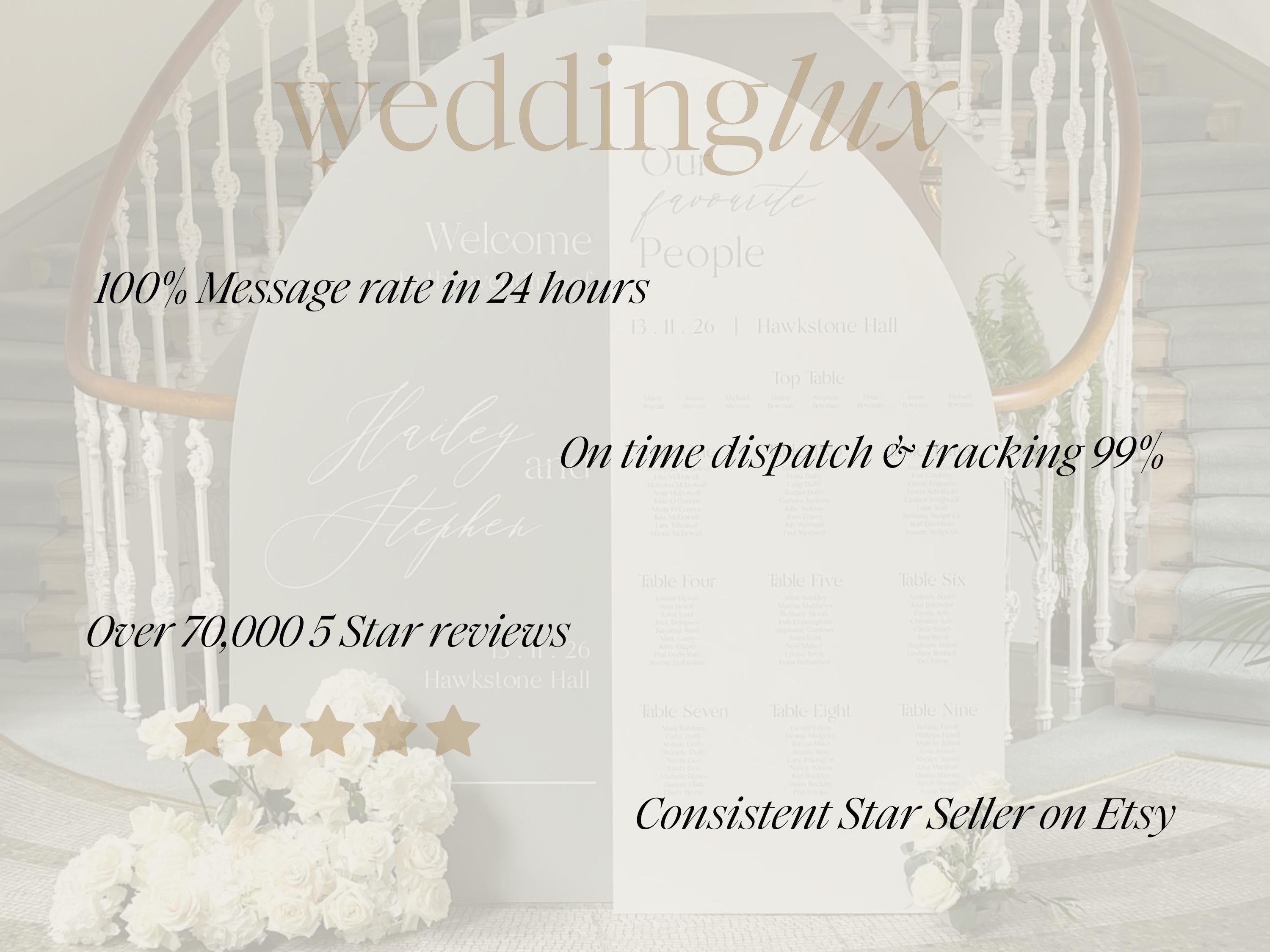 The image is a wedding invitation featuring a white arch with the text "weddinglux" and a list of features such as a 100% message rate in 24 hours, on-time dispatch & tracking 99%, and over 70,000 5-star reviews.