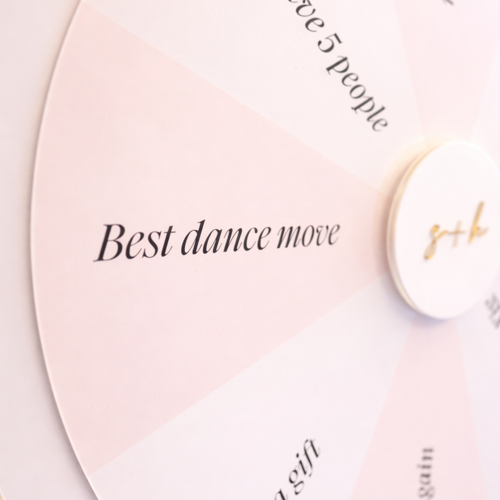A close-up of a spinning wheel with various dance-related words and phrases written on it, including "Best dance move", "Take a gift", and "Spin Again".